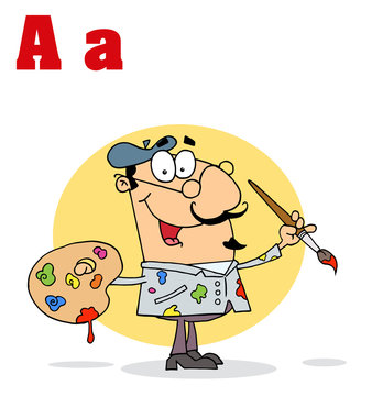 Funny Cartoons Alphabet-Male Artist With Letters A