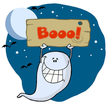 Ghost Holding Up A Wooden Boo Sign