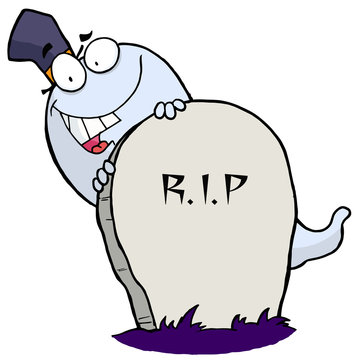 Cartoon character happy ghost behind the tombstone