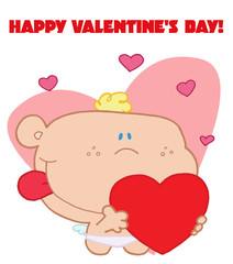 Cupid with valentine hearts holding heart with happy valentine
