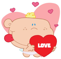 Romantic cupid with valentine hearts holding red love heart