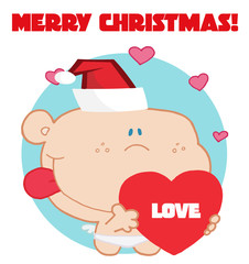 Romantic cupid with red love heart with merry christmas sign