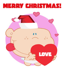 Romantic cupid with red love heart with merry christmas sign