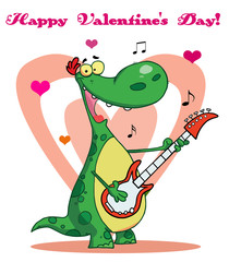 Smiling dinosaur plays guitar with heart background