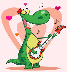 Happy dinosaur plays guitar with heart background