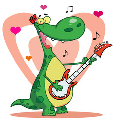 Dinosaur plays guitar with heart background