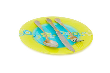 Flat dish, spoon, knife, fork