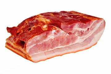 Smoked bacon chunk isolated over white background.
