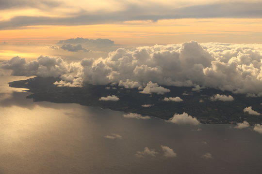 Aerial view of Antigua Island in the Caribbean sea at sunset