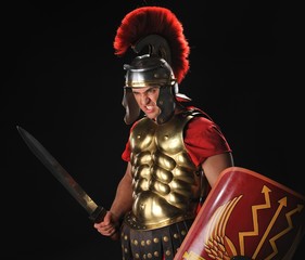 Angry legionary soldier with a gladius and shields