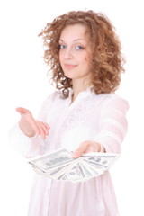 Cheerful young lady holding cash