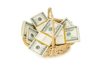 Basket full of dollars isolated on white