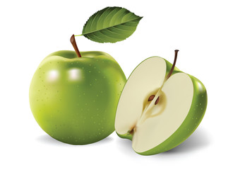green apples and leaves on a white background
