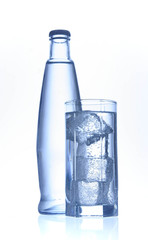 mineral water bottle and glass