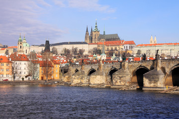 Spring Prague's gothic Castle with the Charles Bridge