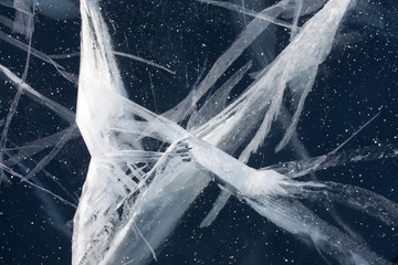 Spider web of tension cracks in thick layer of ice
