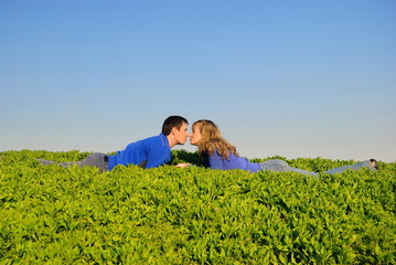 Teens kiss in a grass