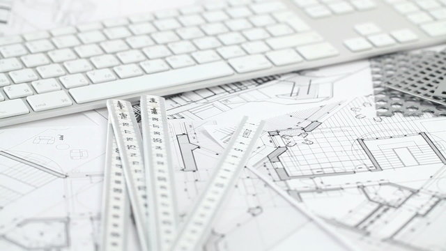 keyboard, samples of materials & architectural blueprints