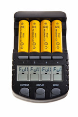 Accu charger in operation isolated over white background.