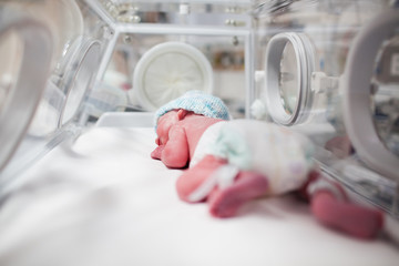 Newborn baby boy covered in vertix inside incubator - obrazy, fototapety, plakaty