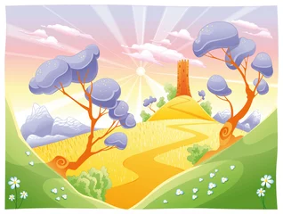 Zelfklevend Fotobehang Landschap met toren. Grappige cartoon en vectorillustratie. © ddraw