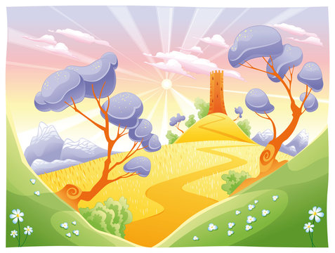 Landscape with tower. Funny cartoon and vector illustration.