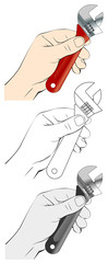 Vector illustration of hand holding wrench, isolated on white