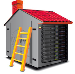 Web server rack designed as a house with a roof