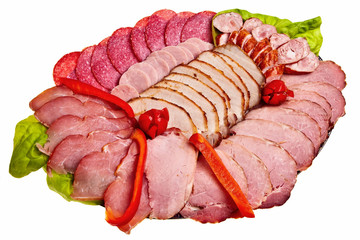 Dish with sliced ham, salami, sausage ...