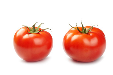 Two tomatoes isolated on white background