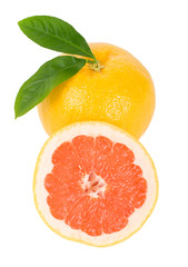 ripe grapefruit with leaves full and a half