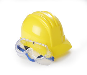 Yellow Hardhat and Safety Glasses - Isolated on White