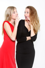 two young girls talking over white