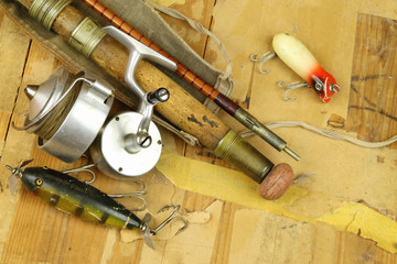 antique lures, rod and reel