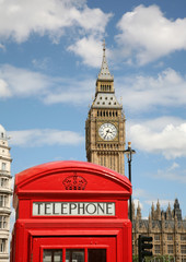 Fototapeta na wymiar Big Ben and Old Fashioned Red London Phone Booth