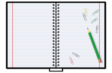 Copybook with crayon and paper clips