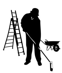 Mann fegt Arbeitsplatz