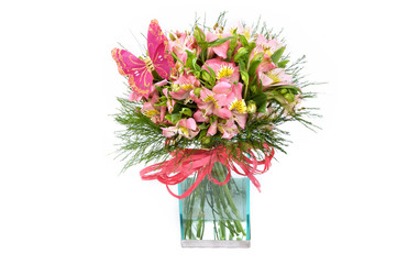 Obraz na płótnie Canvas colourful flowers bouquet water vase on white background