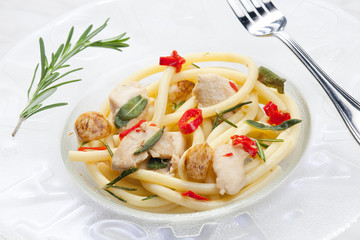 macaroni with turkey meat on sage with rosemary and chilli