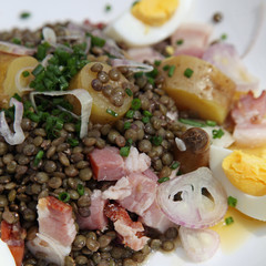 Salade de lentilles, lardons, oeuf, oignon et ciboulette
