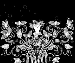 Papier Peint photo Lavable Fleurs noir et blanc motif floral