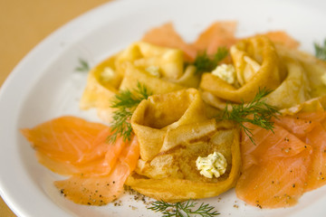 Russian pancakes with smoked salmon