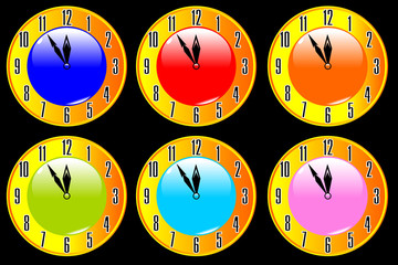 Colour collection of clocks on a black background eps10