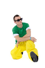 Male breakdancer posing on white