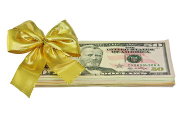 Stack of dollars with bow isolated on white