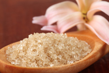 Cane sugar in a wooden spoon