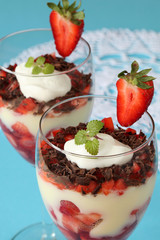 Strawberry and chocolate dessert with vanilla custard and cream