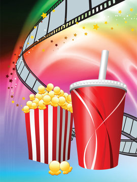 Popcorn and Soda on Abstract Liquid Wave Background