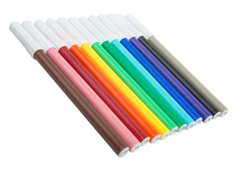 colored markers pens in row in white background