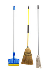 Sponge and string mop and broom on white